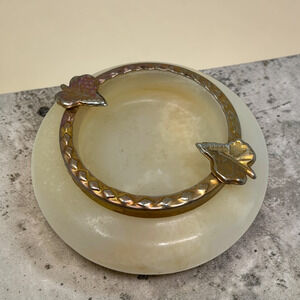 Vintage Onyx Marble Ashtray w/ Removable Brass Leaf Ring Mid Century Stone